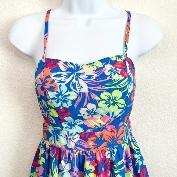 Red Camel Blue Multi Color Floral Hawaiian Fit & Flare Mini Sun Dress 1 Tropical - Picture 2 of 6